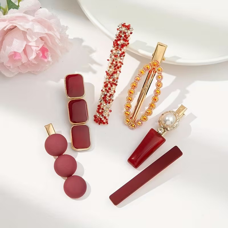 Набор заколок для волос 6 шт для женщин,бижутерия золотистые зажим заколки для причесок с стразами и жемчугом женские,красный Каменец-Подольский - изображение 1