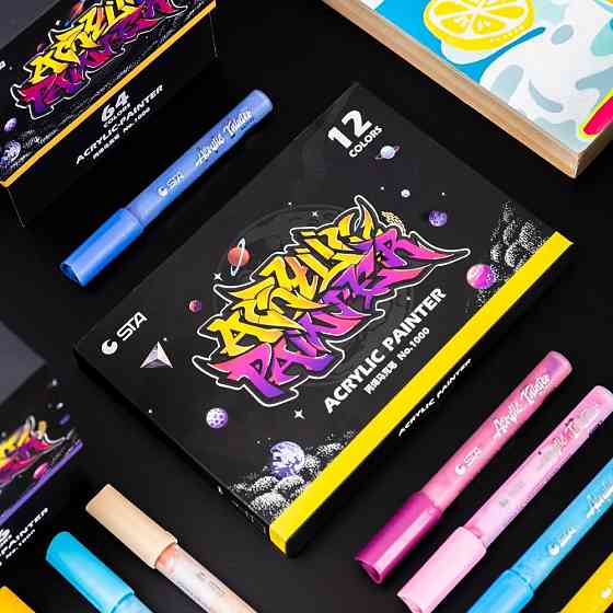 Маркери акрилові STA для малювання, преміум якість, набір 12 кольорів, універсальні для скла, дерева, ткани та кераміки Кам'янець-Подільський