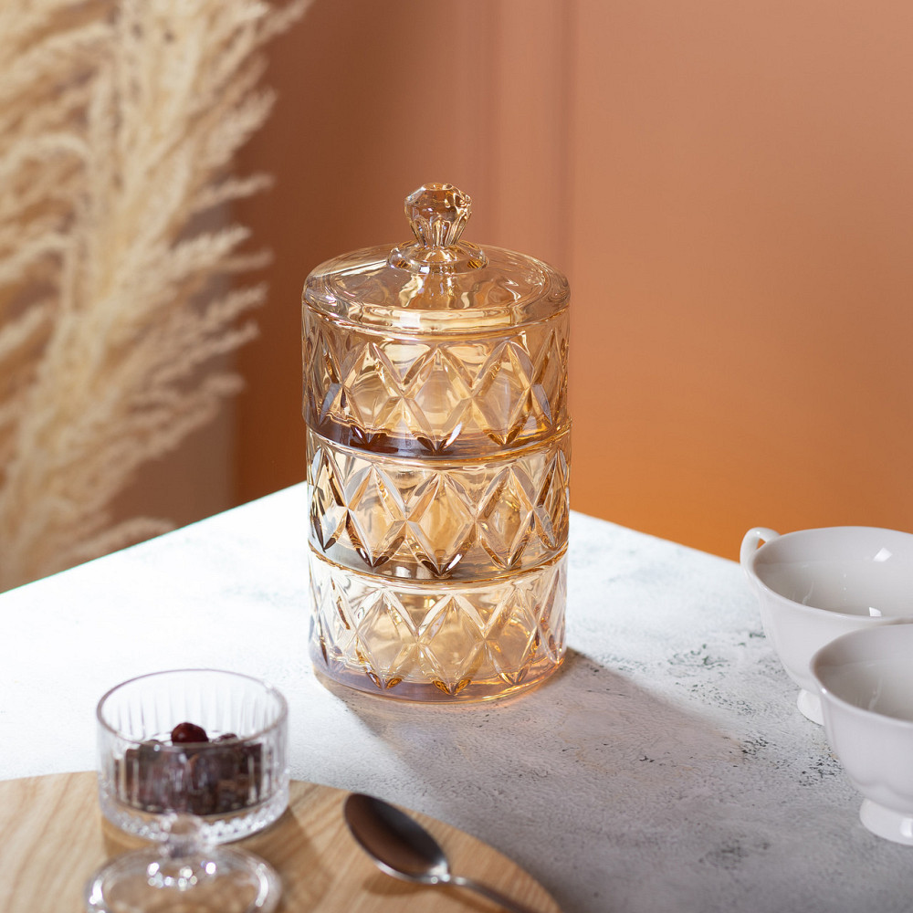 Цукерниця трирівнева Ø 10 см скляна з кришкою коричневая HP-YH-80 Київ - фото 5