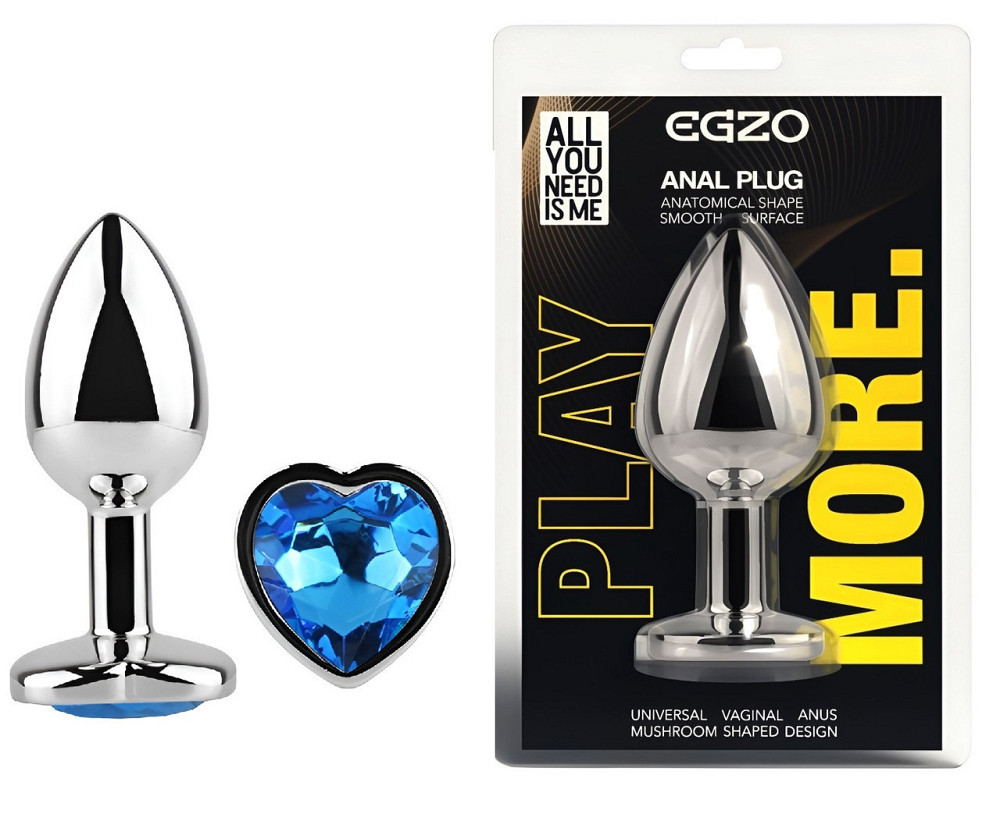 Анальна пробка з кристалом EGZO - Silver Heart Plug Blue size S Sex Aura Київ - фото 1