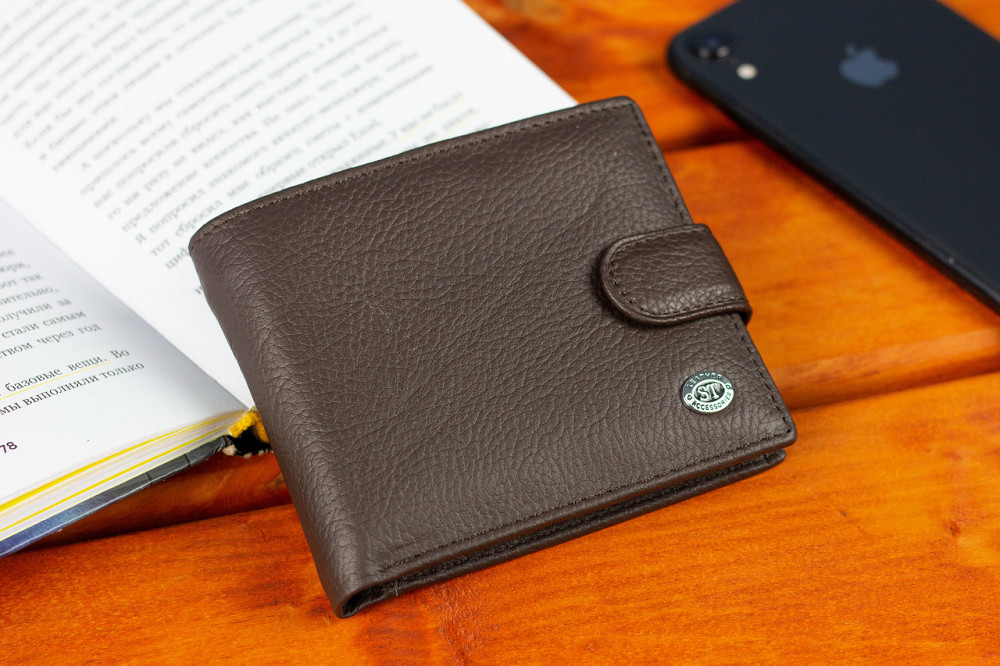 Кожаное мужское портмоне на кнопке ST Leather ST104 Коричневое Киев - изображение 4