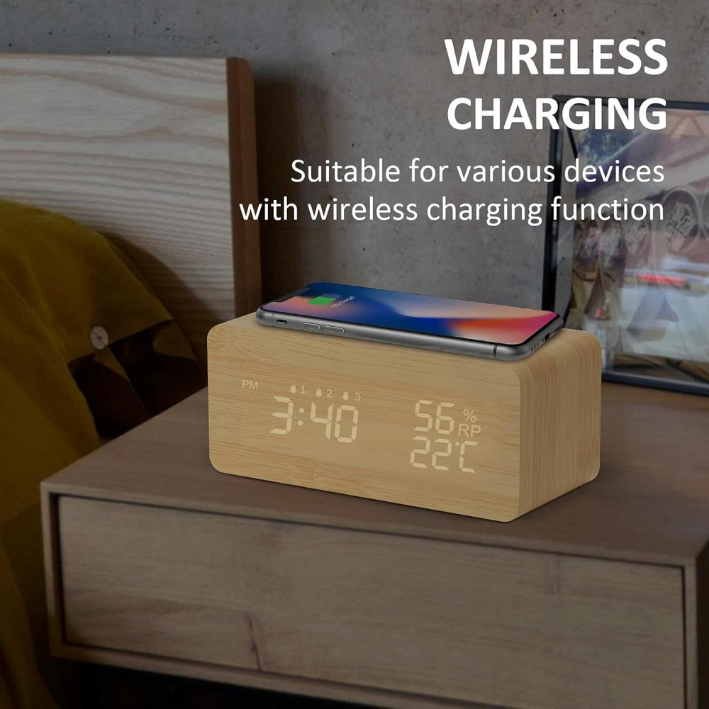 Цифровой будильник LAOPAO с беспроводной зарядкой, LED-дисплеем, 3 будильниками, температуры и влажности Киев - изображение 2