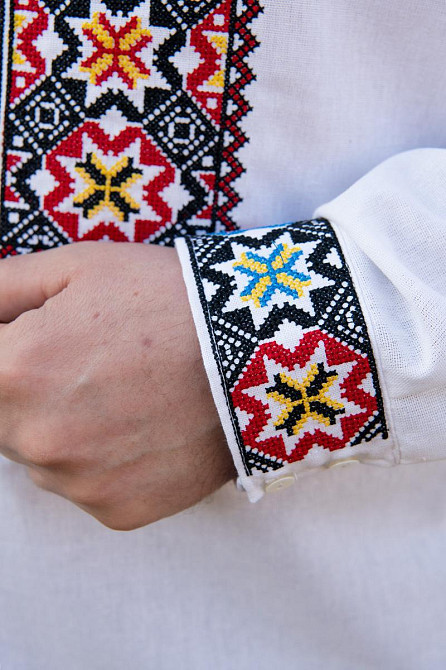 Вышиванка мужская, льняная, с длинным рукавом, белая, лен   , топ Киев - изображение 3