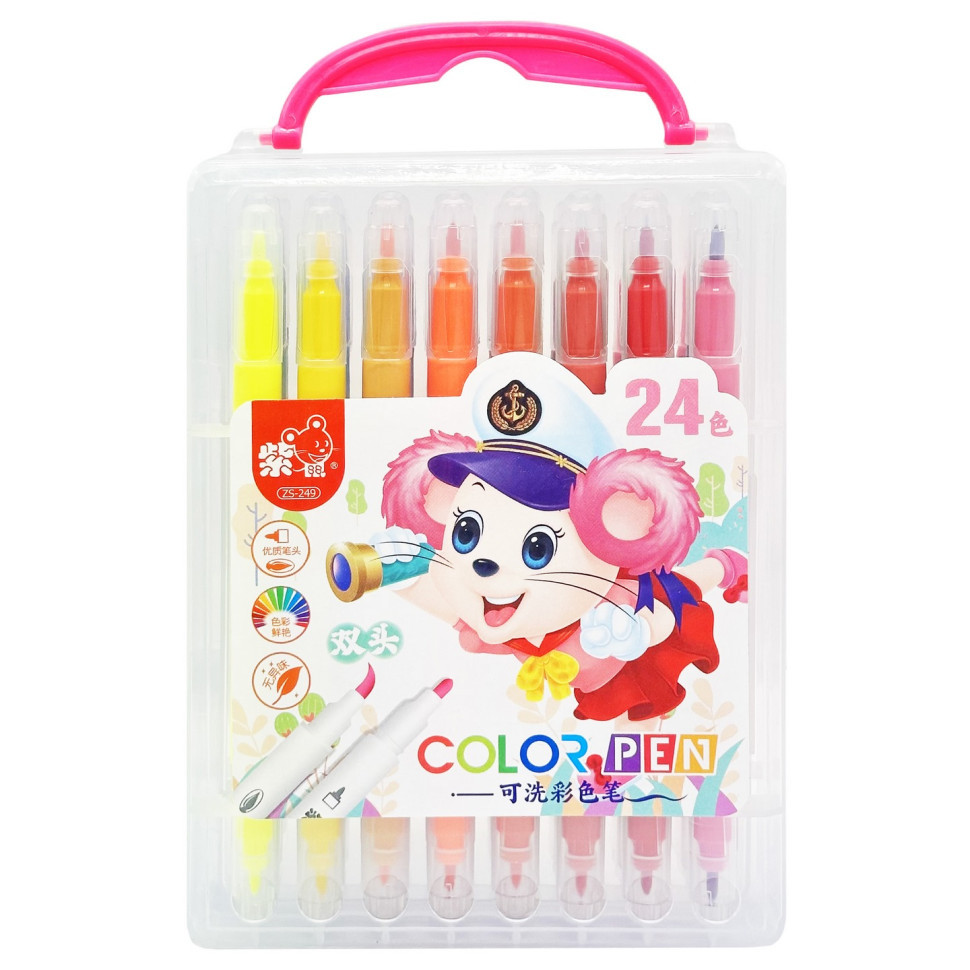 Набір двосторонніх фломастерів 249-24(Pink) у пластиковому боксі, 24 кольори Вінниця - фото 1