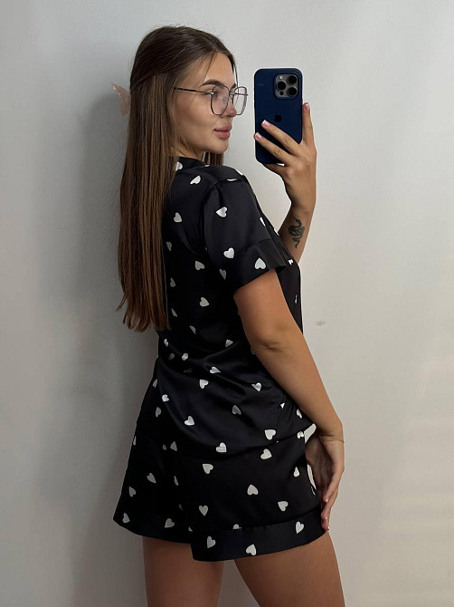 Женская пижама сатиновая Черный в сердечко XS-S Харьков - изображение 3