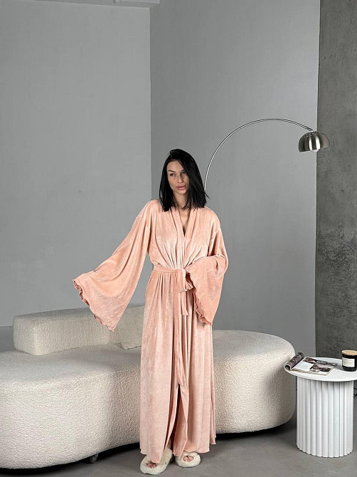 Женский стильный домашний велюровый макси халат плюш велюр Персик, 48/52 Одесса - изображение 8