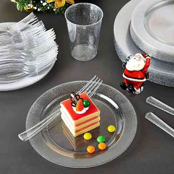 Набор тарелок пластиковые 12 штук круглые,обеденные 26 см и десертные 19 см, прозрачные с блестками Каменец-Подольский