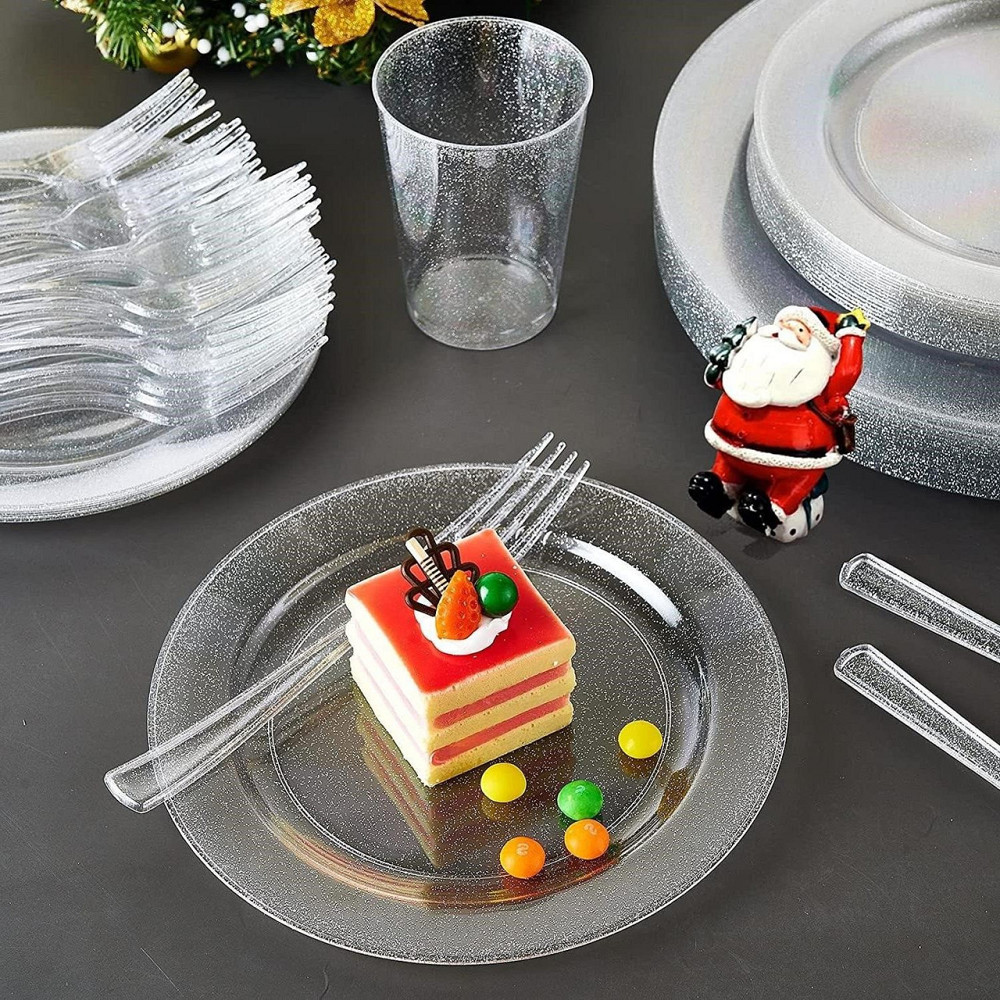 Набір тарілок пластикові 12 штук круглі,обідні 26 см і десертні 19 см, прозорі з блискітками Кам'янець-Подільський - фото 4