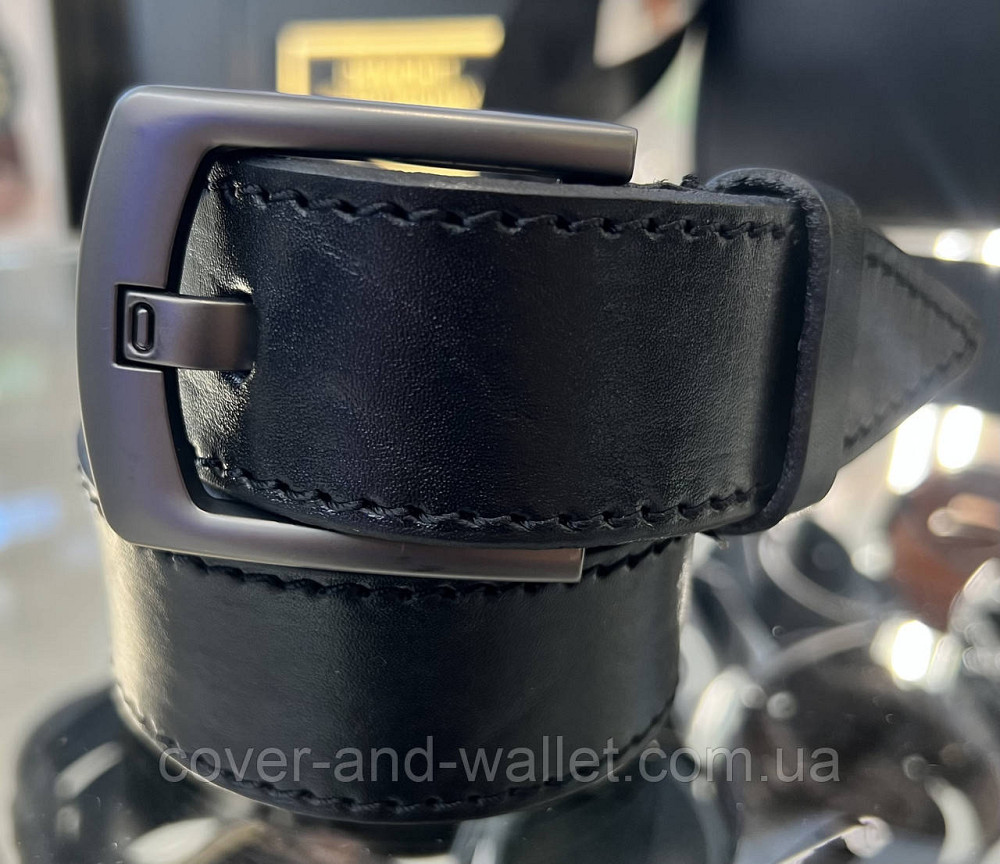Широкий мужской джинсовый ремень из натуральной кожи черного цвета 40 мм PS Leather Киев - изображение 1