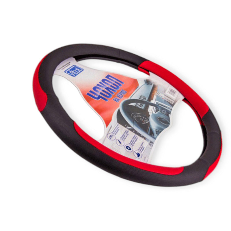 Чехол руля l кожзам (39 - 41 см) черный перфор., 4 красные всавки Мукачево - изображение 1