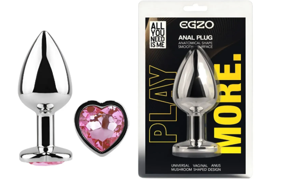 Анальна пробка із кристалом EGZO - Silver Heart Plug Pink size M Sex Aura Київ