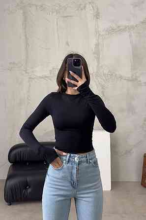 Женский трендовый обтягивающий лонгслив с вырезами для пальчиков плотный микродайвинг Черный, 46/48 Одесса