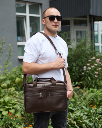 Чоловічий портфель для ноутбука (38 х 28 х 8 см) ділова сумка з натуральної шкіри Коричневий Київ