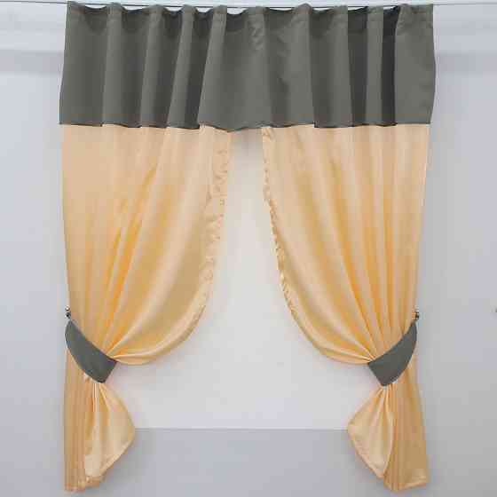 Кухонные шторы VR-Textil № 073к с ламбрекеном и подхватами персиковый с графитовым 270х170 см (52-0192) Киев