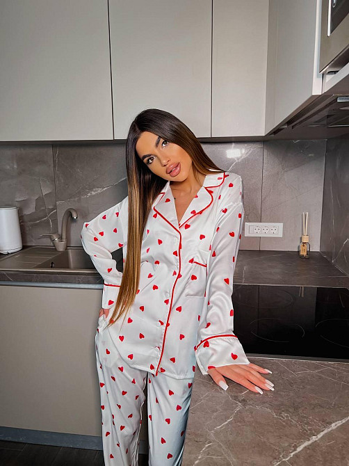 Женская пижама двойка с сердечками из шелка армани Белый, 44/46 Одесса - изображение 4