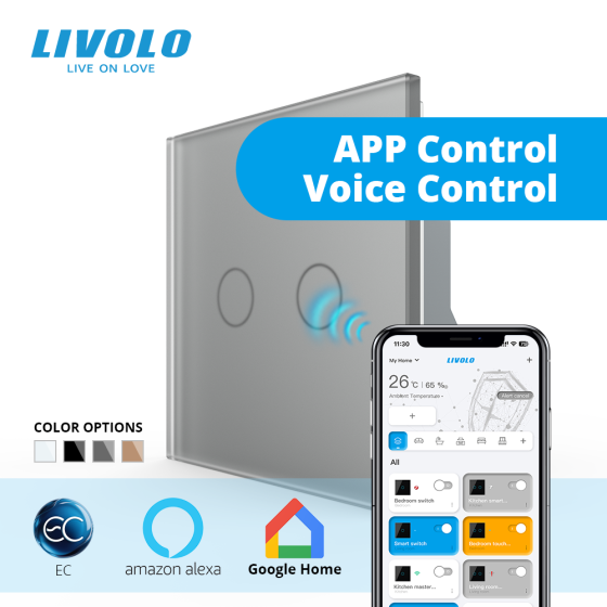 LIVOLO Розумний сенсорний ЕС вимикач 2 сенсори LIVOLO сірий матове скло Коломия