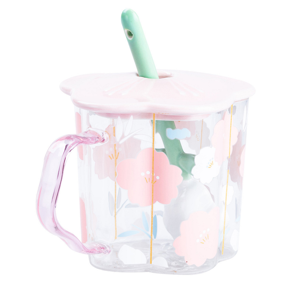 Чашка скляна 500 мл з ложкою та кришкою, Рожевий Київ - фото 1