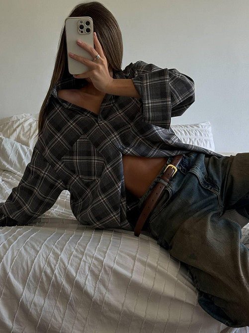 Жіноча трендова сорочка оверсайз у клітинку фланель Сірий Одеса - фото 9