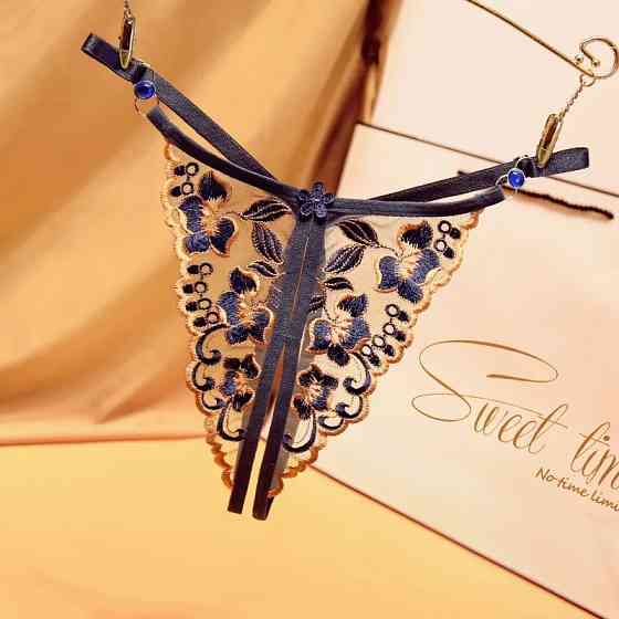 Трусики з розрізом з квітковим принтом сині, розмір універсальний, резинка до 90см Київ