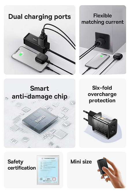Універсальний зарядний пристрій Baseus Compact Charger 2U 10.5 W CCXJ010201 (Чорний) Николаев - изображение 9