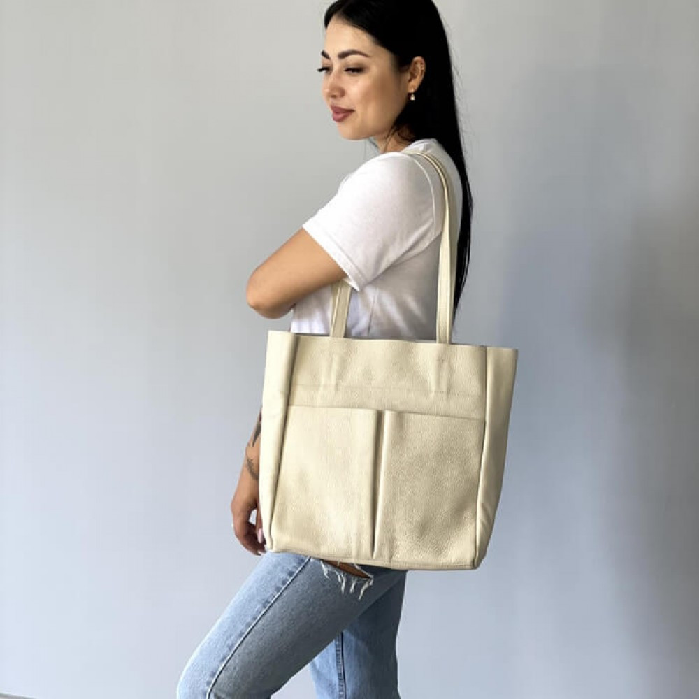 Сумка тоут жіноча шкіряна велика Юта Бежева 28*30*12 см, сумка шопер бежева стильна з кишенямиMasterSem Київ - фото 4