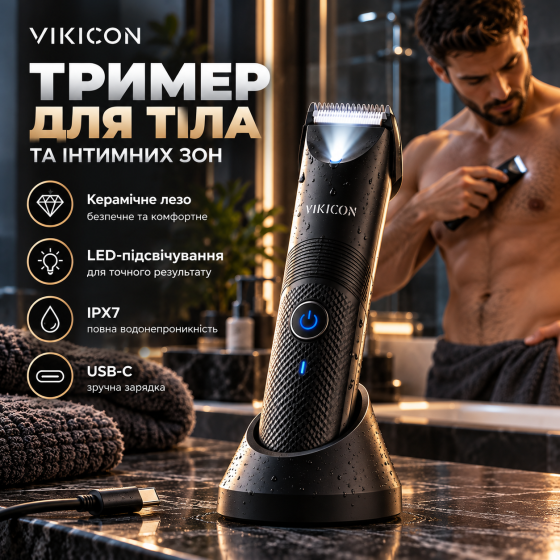 Тример для тіла та інтимних зон VIKICON HT-871, керамічне лезо, LED-підсвічування, IPX7, USB-C, чорний Київ