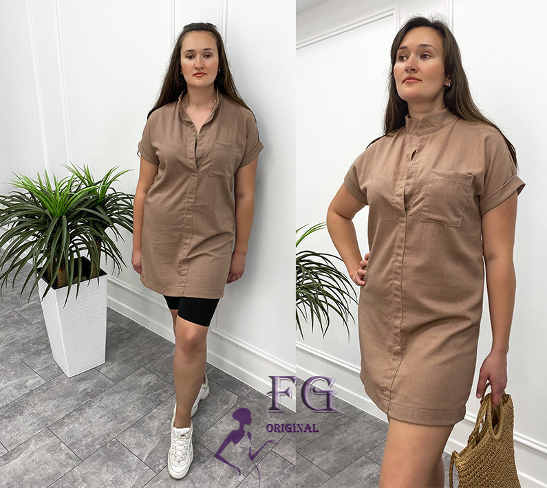 Жіноча лляна туніка великого розміру "Inga" оптом | Розпродаж моделі Капучіно, 50-52 Київ - фото 6