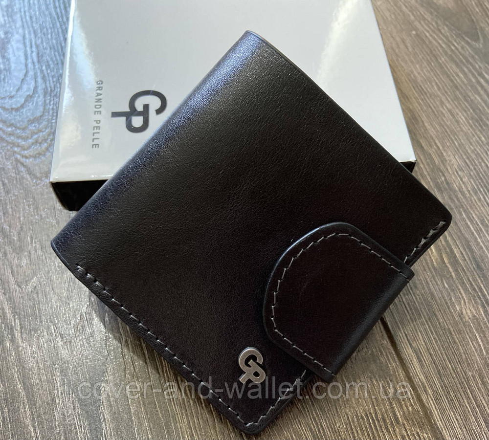 Компактний жіночий гаманець із монетницею чорного кольору зі шкіри Grande Pelle Київ - фото 2