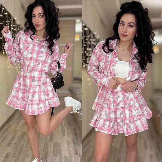 Жіночий стильний костюм-двійка: сорочка та спідниця в клітинку бавовна тіар Рожевий, 42/44 Одеса