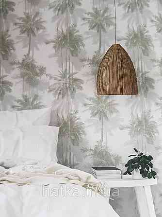 Шпалери вінілові на флізелін Marburg 82205 Giulia пальми дерева гілки листя зелені сірі на білому Київ