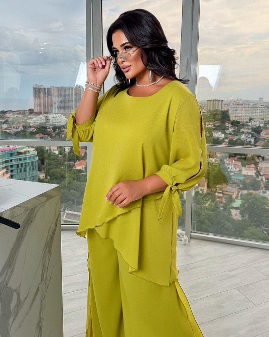 Женский повседневный элегантный костюм двойка крепшифон Лаймовый, 48/50 Одесса - изображение 3