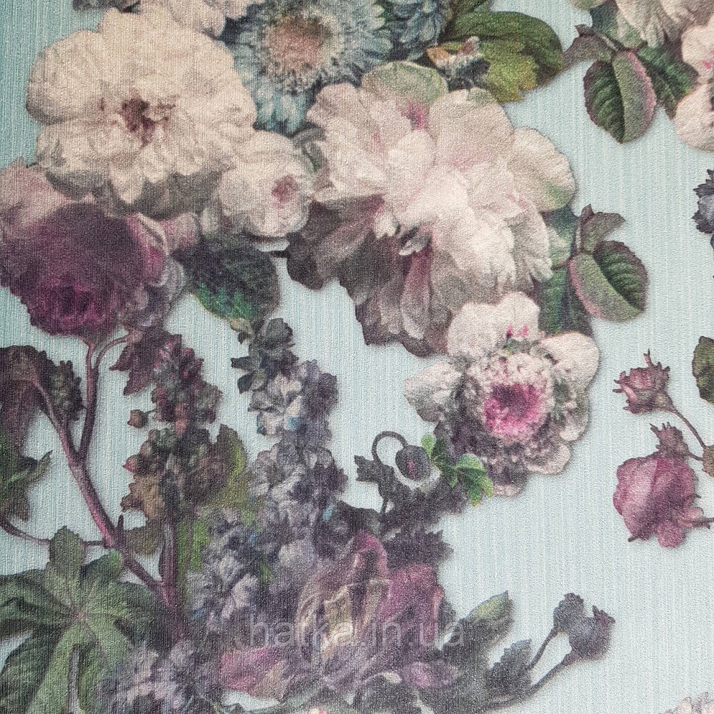 Шпалери метрові вінілові на флізелін дизайнерські Erismann Elle квіти листя сині бузкові на блакитному Київ - фото 1