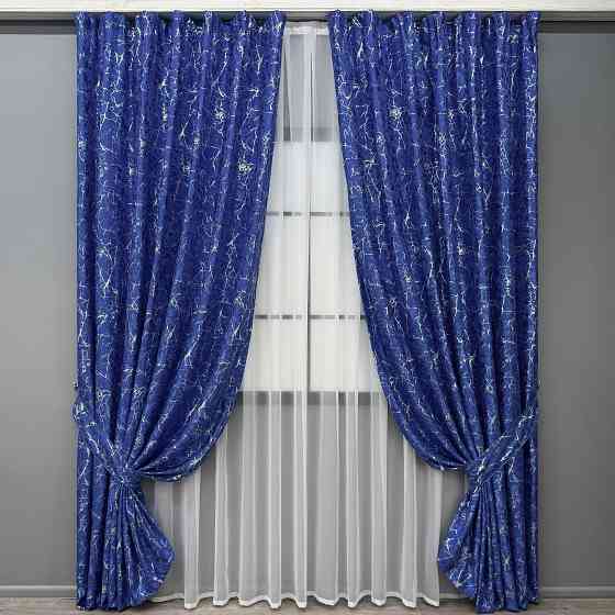 Комплект готових штор VR-Textil Льон мармур Royal Touch № 2003ш Синій 150х270 см 2 шт (33-0971) Київ