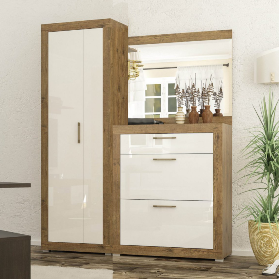 Модульная прихожая Парма со шкафом и зеркалом (комплект ШТ 158 см) Mebelservice Дуб Април, Белый глянец Львов