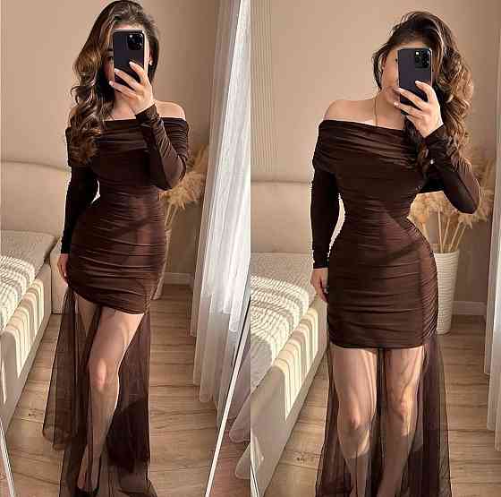 Жіночий елегантний святковий комплект плаття + спідниця мікродайвінг + сітка Шоколад, 42/44 Одеса