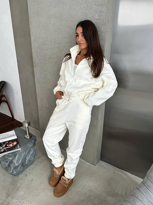 Жіночий теплий спортивний костюм: кофта та штани турецький двосторонній фліс Молочний, 46/48 Одеса - фото 1