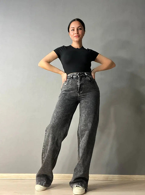 Джинсы женские Dragon 8101 palazzo jeans палаццо ровные от бедра стрейчевые темно серые, темно-серый Одесса - изображение 10