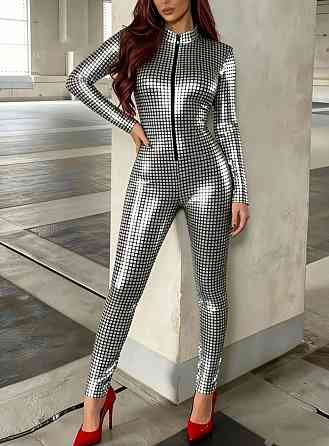 Комбінезон жіночий облягаючий блискучий з геометричним принтом та довгим рукавом для вечірки Київ