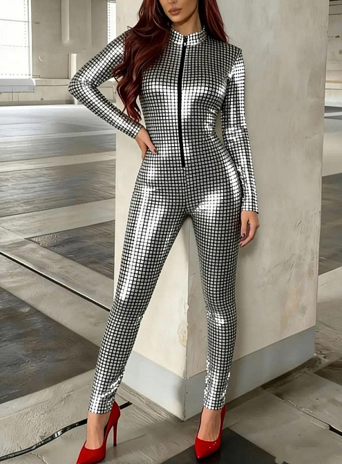 Комбінезон жіночий облягаючий блискучий з геометричним принтом та довгим рукавом для вечірки Київ - фото 1