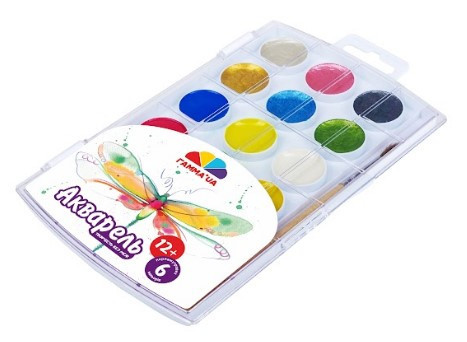 Фарби акварельні "Гамма Нововолинськ" "Творчість" 12+6кол. перламутр 400111 з пензликом, шт Київ - фото 1