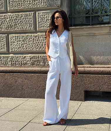 Жіночий стильний літній костюм-двійка льон Білий, 48/50 Одеса