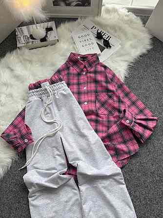 Женский повседневный костюм двойка: рубашка в клетку и штаны фланель + двунитка. Розовый 2, 42/46 Одесса