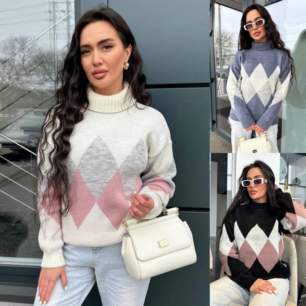 Жіночий в'язаний светр із високою горловиною триколірний.  42-48р Київ - фото 3