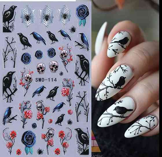 3D наклейки для ногтей с воронами и черепами – готический дизайн Киев