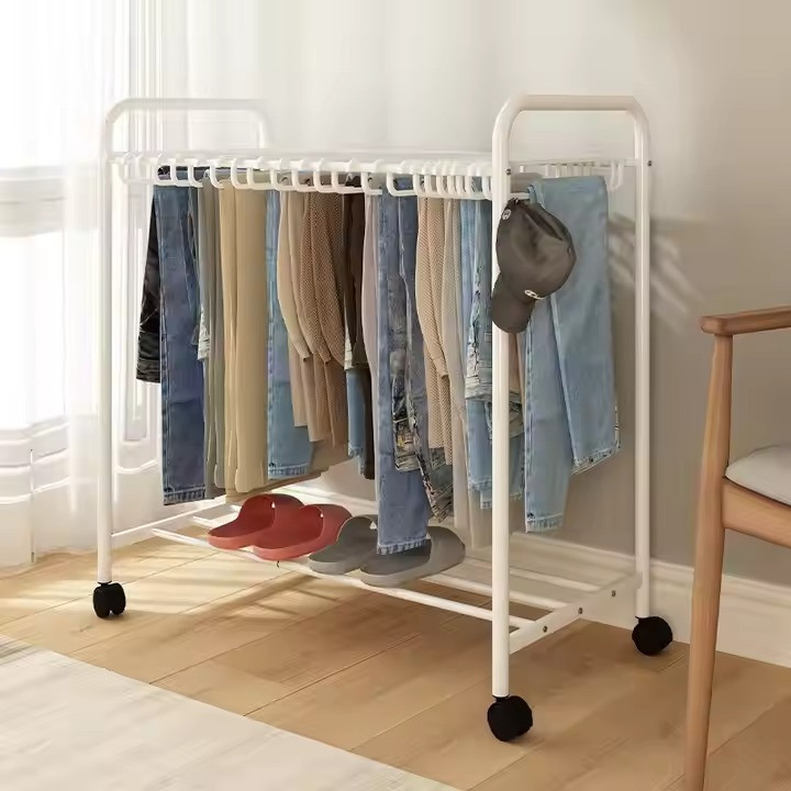 Вешалка для одежды штанов и юбок на 22 пары напольная,на колесах передвижная с полкой для обуви белая Каменец-Подольский - изображение 1