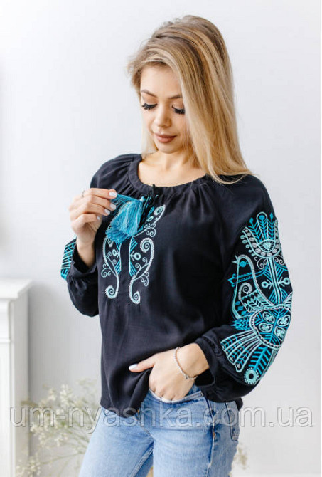 Жіноча чорна вишиванка на натуральному полотні Витинанка чорно-блакитнаS-4XL Кривий Ріг - фото 2
