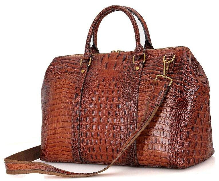 Шкіряна дорожня сумка з тисненням під крокодила для подорожей та відряджень Vintage 14397 Коричнева Київ - фото 11