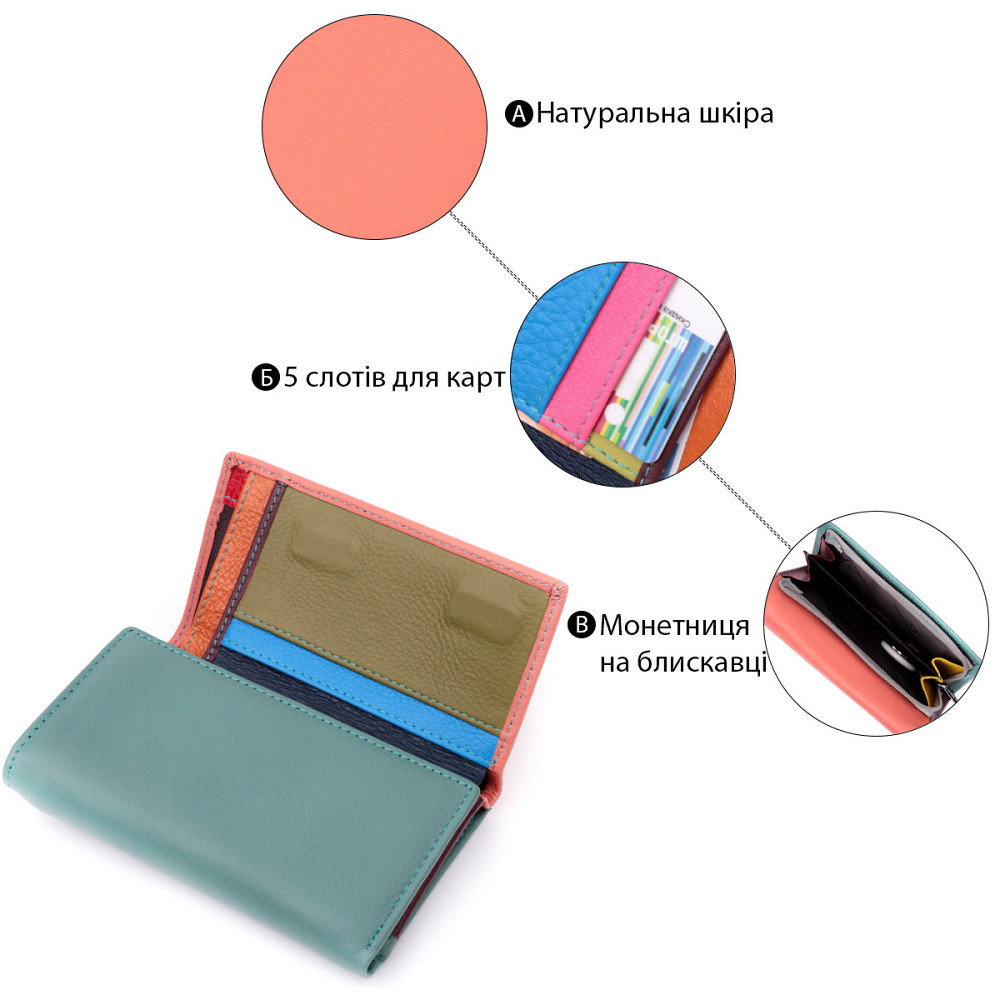 Красивий жіночий шкіряний гаманець у три складання Різнокольоровий (ST Leather) Київ - фото 8