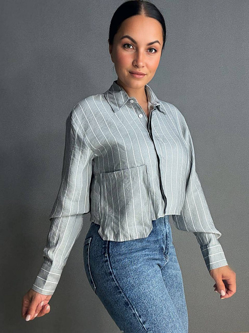 Сорочка жіноча Mix Ray 4447 укорочена з кишенею у тонку смужку сіра, сірий, M Київ - фото 14