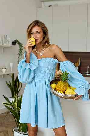 Жіноча стильна муслінова легка сукня з рукавами воланів 100% Блакитна, 48/52 Одеса